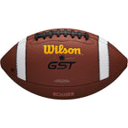 Brown Wilson GST Speedskin Youth football with white stripes and black laces, shown from a top-down angle.
