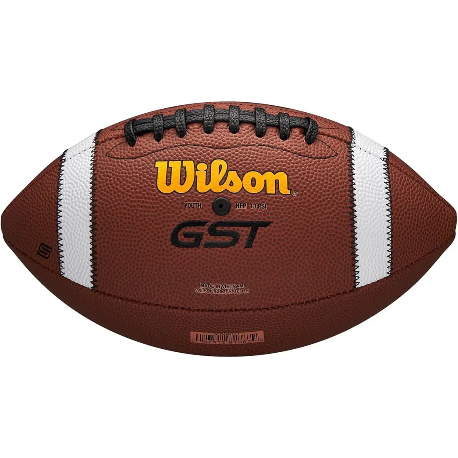 Brown Wilson GST Speedskin Youth football with white stripes and black laces, shown from a top-down angle.