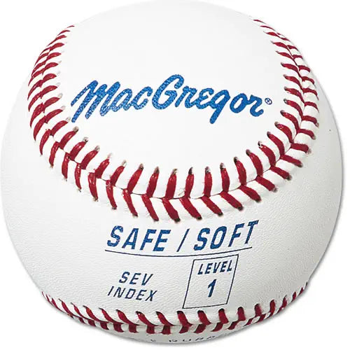 A white MacGregor Safe/Soft Level 1 baseball with red stitching, viewed from a centered, front-facing angle.