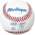 A white MacGregor Safe/Soft Level 1 baseball with red stitching, viewed from a centered, front-facing angle.