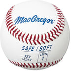 A white MacGregor Safe/Soft Level 1 baseball with red stitching, viewed from a centered, front-facing angle.