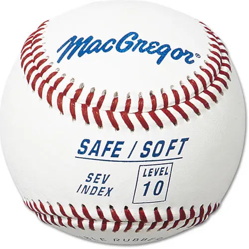 A white MacGregor Safe/Soft baseball with red stitching, featuring blue text indicating Level 10 and SEV Index.