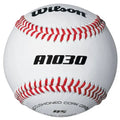 Wilson A1030B baseball with red stitching and black text, angled to show the front.