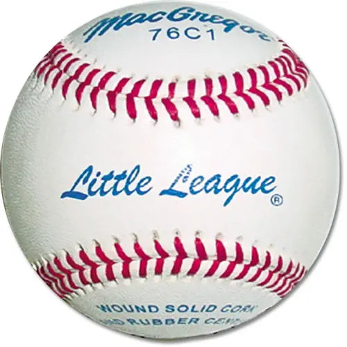 MacGregor #76C1 Little League baseball with red stitching and blue lettering.