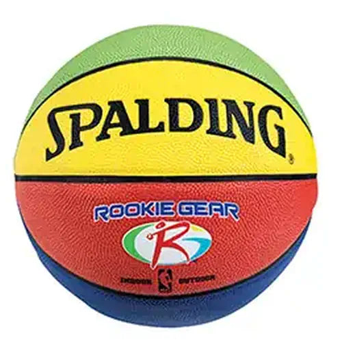 Spalding Rookie Gear basketball featuring a multi-colored panel design in green, yellow, red, and blue.