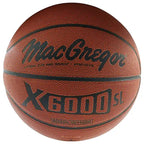 MacGregor X6000 SL indoor/outdoor basketball in brown with black lettering and seams, shown from a front-facing angle.