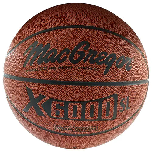 MacGregor X6000 SL indoor/outdoor basketball in brown with black lettering and seams, shown from a front-facing angle.