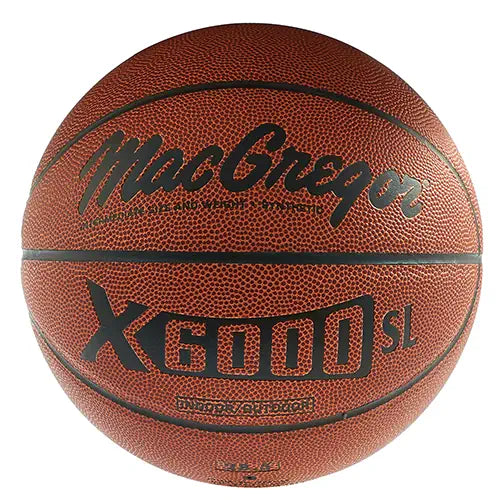 A brown, textured MacGregor X6000 SL indoor/outdoor basketball centered against a white background.
