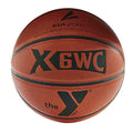 BSN Sports YMCA composite leather basketball in brown with black branding and seams, shown from a front-facing angle.