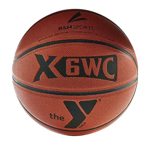 BSN Sports YMCA composite leather basketball in brown with black branding and seams, shown from a front-facing angle.