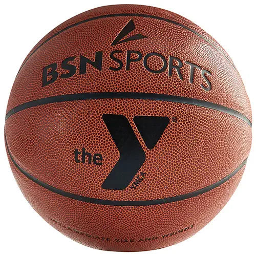 BSN Sports YMCA indoor/outdoor composite leather basketball in orange with black branding, viewed from the front.