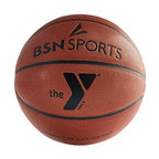 BSN Sports YMCA composite leather basketball in brown with black seams, centered logo, and text, shown from a front view.