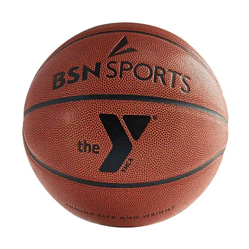 BSN Sports YMCA composite leather basketball in brown with black seams, centered logo, and text, shown from a front view.