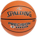 Spalding Precision TF-1000 basketball in orange with black channels and bold white and black branding, centered front view.