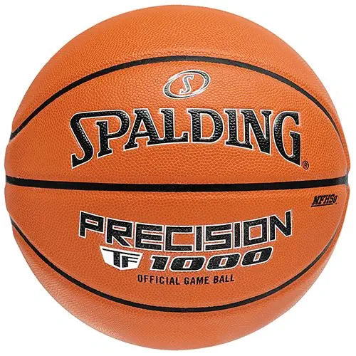 Spalding Precision TF-1000 basketball in orange with black channels and bold white and black branding, centered front view.