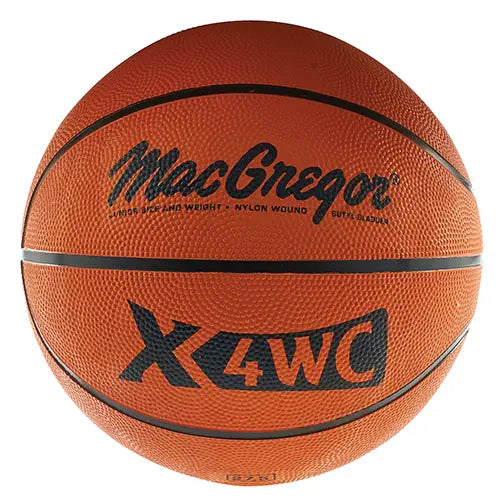 MacGregor X4WC orange rubber basketball with black seams, centered on a white background.
