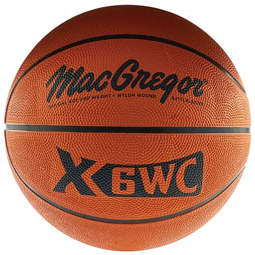 MacGregor X6WC basketball in orange with black seams and bold black branding, shown from a direct front-facing angle.