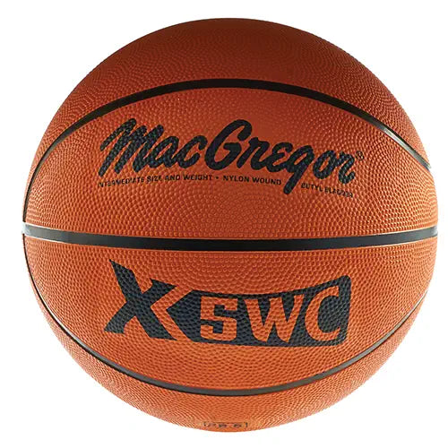 MacGregor X5WC indoor/outdoor basketball in orange with black seams and bold black branding, centered against a white background.