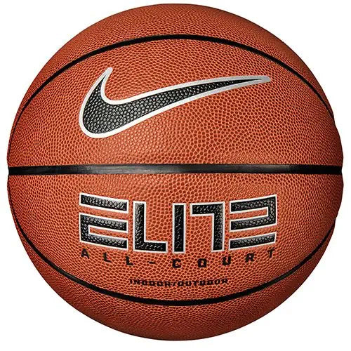 Nike Elite All Court 2.0 basketball in orange with a black Nike swoosh and bold lettering, centered on a white background.