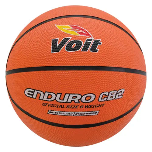 An orange Voit Enduro CB2 rubber basketball with the brand's logo printed on it.