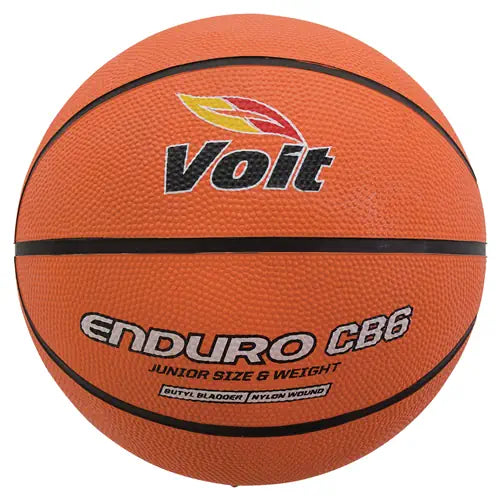 An orange Voit Enduro CB2 rubber basketball with the brand's logo printed on it.