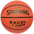 Spalding Excel TF-500 basketball in orange with black seams and gold lettering, centered on a white background.