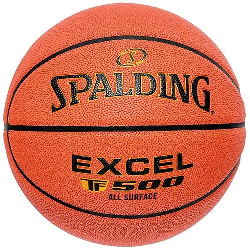 Spalding Excel TF-500 basketball in orange with black seams and gold lettering, centered on a white background.