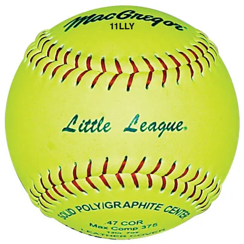 A bright yellow MacGregor Little League softball with red stitching, shown from a front-facing, centered angle.