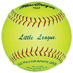 A bright yellow MacGregor Little League softball with red stitching, shown from a front-facing, centered angle.