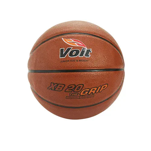 Voit XB 20 The Grip basketball in brown with black seams and orange logo, shown from a front-facing angle.