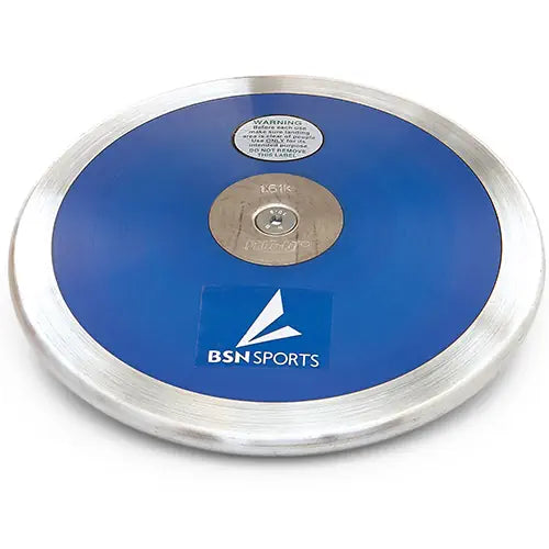 A blue PORTaPit Challenger discus with a metallic rim and center plate, viewed from a slightly elevated angle.