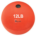 A bright orange, 12-pound BSN Sports indoor training shot put with a black valve, shown from a front-facing perspective.