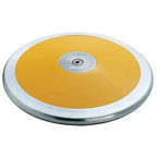 PORTaPit Gold Lo-Spin discus featuring a yellow center plate and a metallic rim, viewed from a high-angle perspective.