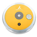 A top-down view of a BSN Sports Gold Lo-Spin discus featuring a yellow face, silver rim, and central metal plate.
