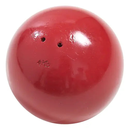 A red 4kg Nelco PORTaPiT turned iron shot put shown from a front-facing angle.