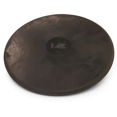 A black, circular PORTaPit rubber practice discus shown from a high-angle view with the weight marking visible in the center.