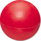 A bright red, spherical indoor training shot put shown from a straight-on perspective.