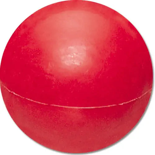 A bright red, spherical indoor training shot put shown from a straight-on perspective.