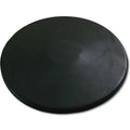 A black, circular rubber practice discus shown from a high-angle perspective.
