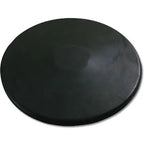 A black, circular rubber practice discus shown from a high-angle perspective.