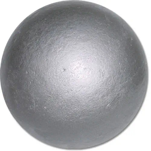 A textured, metallic silver shot put ball centered against a white background.