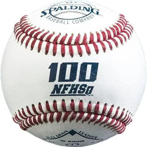 White Spalding baseball with red stitching, featuring "100 NFHS" and "FULL GRAIN LEATHER" text.