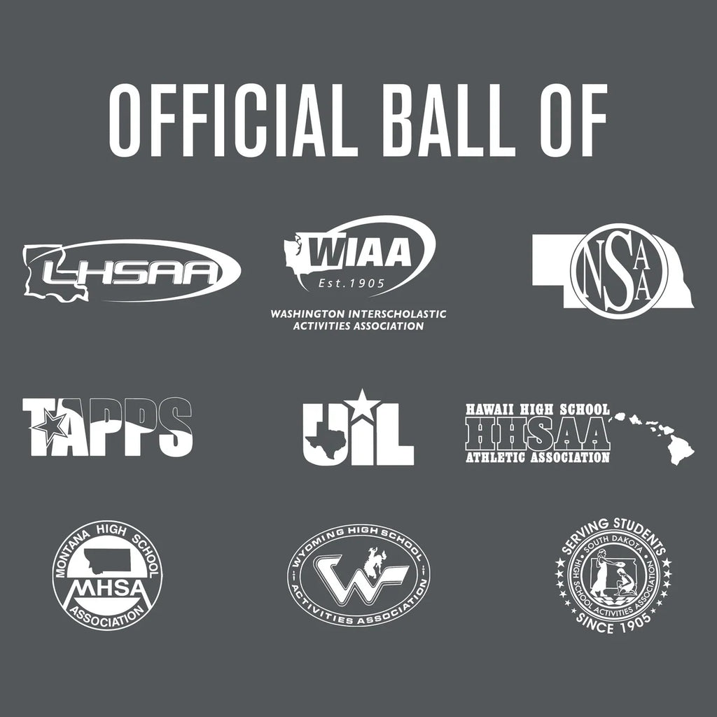 Logos of various high school sports associations on a gray background with 'Official Ball Of' text.