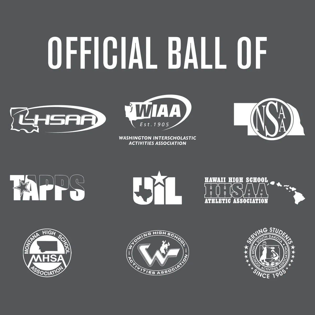 Logos of various high school sports associations on a gray background with 'Official Ball Of' text.