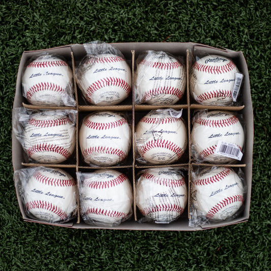 A box of twelve Rawlings RLLB Little League baseballs, each individually wrapped in clear plastic and arranged in a grid.