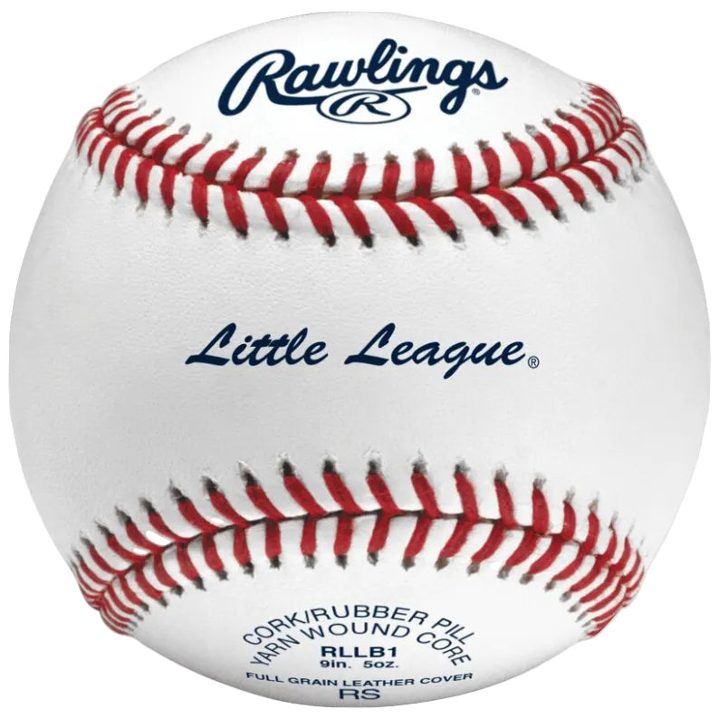 Rawlings RLLB Little League baseball with red stitching, white leather cover, and blue branding on a centered front view.