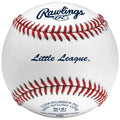 Rawlings RLLB Little League baseball with red stitching, white leather cover, and blue branding on a centered front view.
