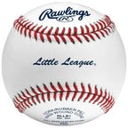 Rawlings RLLB Little League baseball with red stitching, white leather cover, and blue branding on a centered front view.