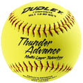 A yellow Duplex composite softball with red stitching and black printed text, including 'Thunder Advance Multi-Layer Technology' and 'DUPLEX COMPOSITE MLT 12 RF 80 Y'.