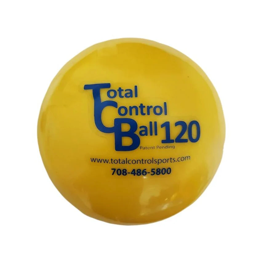 A yellow Total Control Ball 120, a patented training device, shown on a plain white background with blue printed branding.